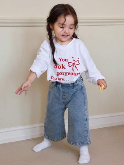 Dazy Kids بنطلون جينز كاجوال طويل للبنات الصغيرات بتطريز فراشة على الطراز الكوري، ملابس خريفية للأطفال الرضع رمضان