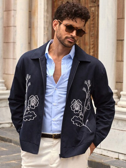 HIMLAND جاكيت كاجوال للرجال مطرزة بالزهور، مناسبة للارتداء اليومي