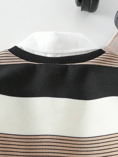SHEIN 3 قطع/مجموعة للأطفال الرضع/الأولاد: 1 قميص أبيض بأكمام طويلة وأزرار، 1 صدرية مضلعة سوداء بياقة محبوكة بنمط قلب، 1 بنطلون أسود منسوج طويل، مناسب للخريف المبكر والمدرسة واليوم العادي والعطلات، ملابس أطفال الأولاد، بدلة أطفال الأولاد، صدرية أطفال الأول