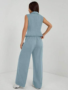 SHEIN PETITE مجموعتان من ملابس الخريف، طقم من قطعتين للنساء، ملابس علوية بدون أكمام وبنطلون لون سادة، ملابس الخريف