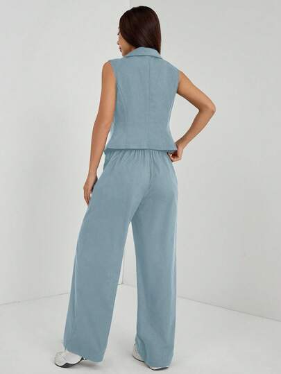 SHEIN PETITE مجموعتان من ملابس الخريف، طقم من قطعتين للنساء، ملابس علوية بدون أكمام وبنطلون لون سادة، ملابس الخريف