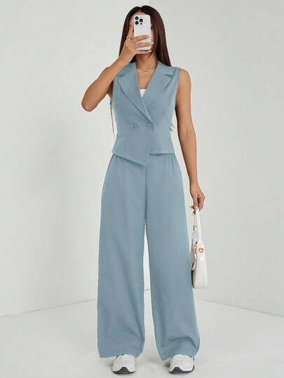 SHEIN PETITE مجموعتان من ملابس الخريف، طقم من قطعتين للنساء، ملابس علوية بدون أكمام وبنطلون لون سادة، ملابس الخريف