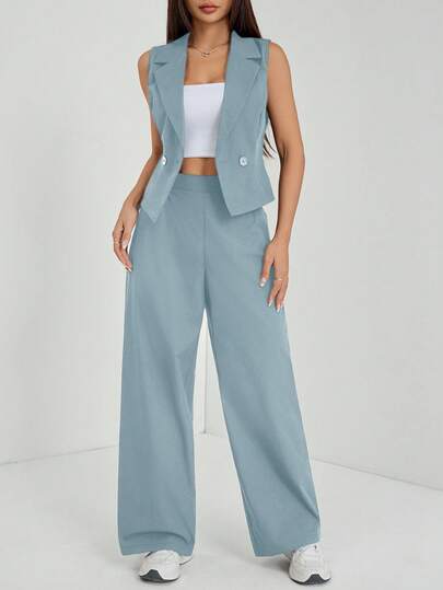 SHEIN PETITE مجموعتان من ملابس الخريف، طقم من قطعتين للنساء، ملابس علوية بدون أكمام وبنطلون لون سادة، ملابس الخريف
