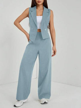 SHEIN PETITE مجموعتان من ملابس الخريف، طقم من قطعتين للنساء، ملابس علوية بدون أكمام وبنطلون لون سادة، ملابس الخريف
