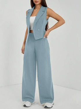 SHEIN PETITE مجموعتان من ملابس الخريف، طقم من قطعتين للنساء، ملابس علوية بدون أكمام وبنطلون لون سادة، ملابس الخريف
