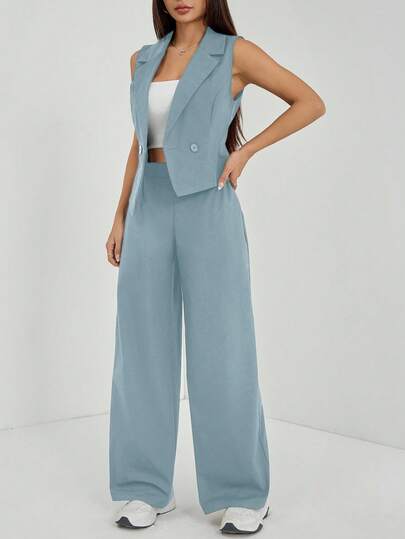 SHEIN PETITE مجموعتان من ملابس الخريف، طقم من قطعتين للنساء، ملابس علوية بدون أكمام وبنطلون لون سادة، ملابس الخريف