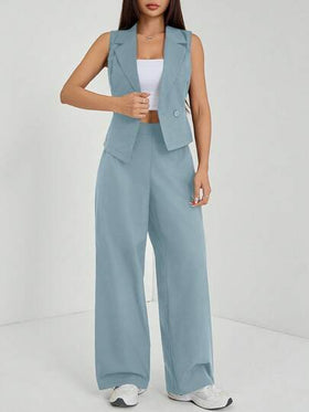 SHEIN PETITE مجموعتان من ملابس الخريف، طقم من قطعتين للنساء، ملابس علوية بدون أكمام وبنطلون لون سادة، ملابس الخريف