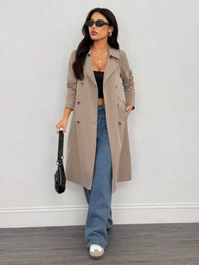 SHEIN PETITE معطف خندق طويل الأكمام بخصر للنساء بلون الخاكي، معطف شتوي للنساء، معطف شتوي للنساء، ليلة رأس السنة الجديدة، جواكيت للنساء، معاطف طويلة للنساء، معطف شتوي للنساء، جواكيت أنيقة، معطف خندق للسيدات الأعمال
