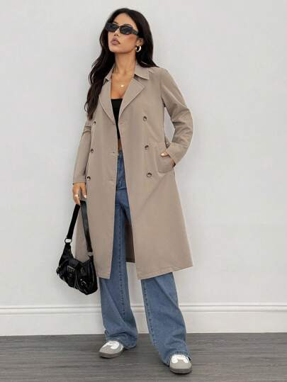 SHEIN PETITE معطف خندق طويل الأكمام بخصر للنساء بلون الخاكي، معطف شتوي للنساء، معطف شتوي للنساء، ليلة رأس السنة الجديدة، جواكيت للنساء، معاطف طويلة للنساء، معطف شتوي للنساء، جواكيت أنيقة، معطف خندق للسيدات الأعمال