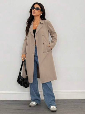 SHEIN PETITE معطف خندق طويل الأكمام بخصر للنساء بلون الخاكي، معطف شتوي للنساء، معطف شتوي للنساء، ليلة رأس السنة الجديدة، جواكيت للنساء، معاطف طويلة للنساء، معطف شتوي للنساء، جواكيت أنيقة، معطف خندق للسيدات الأعمال