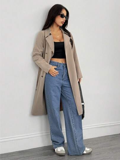 SHEIN PETITE معطف خندق طويل الأكمام بخصر للنساء بلون الخاكي، معطف شتوي للنساء، معطف شتوي للنساء، ليلة رأس السنة الجديدة، جواكيت للنساء، معاطف طويلة للنساء، معطف شتوي للنساء، جواكيت أنيقة، معطف خندق للسيدات الأعمال