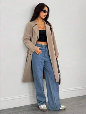 SHEIN PETITE معطف خندق طويل الأكمام بخصر للنساء بلون الخاكي، معطف شتوي للنساء، معطف شتوي للنساء، ليلة رأس السنة الجديدة، جواكيت للنساء، معاطف طويلة للنساء، معطف شتوي للنساء، جواكيت أنيقة، معطف خندق للسيدات الأعمال