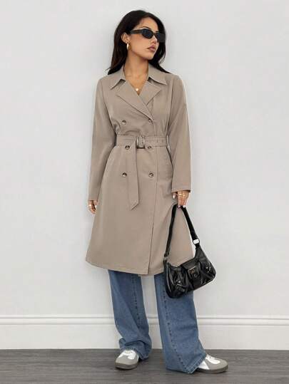 SHEIN PETITE معطف خندق طويل الأكمام بخصر للنساء بلون الخاكي، معطف شتوي للنساء، معطف شتوي للنساء، ليلة رأس السنة الجديدة، جواكيت للنساء، معاطف طويلة للنساء، معطف شتوي للنساء، جواكيت أنيقة، معطف خندق للسيدات الأعمال