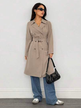 SHEIN PETITE معطف خندق طويل الأكمام بخصر للنساء بلون الخاكي، معطف شتوي للنساء، معطف شتوي للنساء، ليلة رأس السنة الجديدة، جواكيت للنساء، معاطف طويلة للنساء، معطف شتوي للنساء، جواكيت أنيقة، معطف خندق للسيدات الأعمال