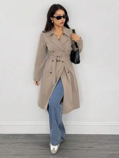 SHEIN PETITE معطف خندق طويل الأكمام بخصر للنساء بلون الخاكي، معطف شتوي للنساء، معطف شتوي للنساء، ليلة رأس السنة الجديدة، جواكيت للنساء، معاطف طويلة للنساء، معطف شتوي للنساء، جواكيت أنيقة، معطف خندق للسيدات الأعمال