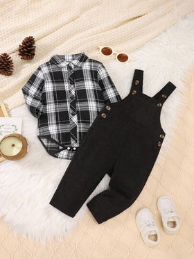 SHEIN Vintaside Kids طقم جمبسوت شتوي/خريفي للأطفال من القطيفة المخططة