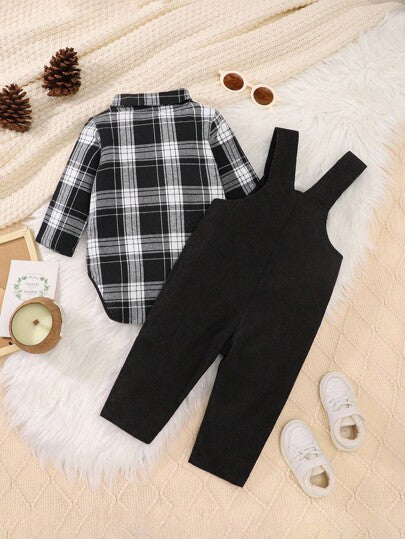 SHEIN Vintaside Kids طقم جمبسوت شتوي/خريفي للأطفال من القطيفة المخططة