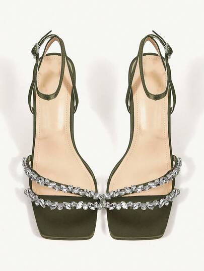 CUCCOO CHICEST أحذية كعب عالي بتصميم مربع أنيق بكريستال أخضر، كعب متوسط، مريحة وسهلة الارتداء للمكتب والتنقل، وأحذية صندل جلد وردي مناسبة للمناسبات الرسمية والحفلات والعشاء المسائي