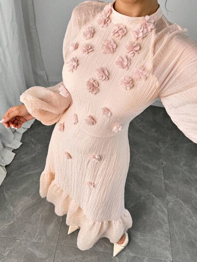 Modelyn فستان نسائي أنيق بأكمام فوانيس مزين بزخارف زهرية ثلاثية الأبعاد