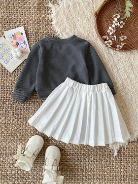 SHEIN طقم ملابس علوية محبوكة بياقة على شكل V وتنورة مطوية أنيقة للأطفال الرضع والصغار من عمر 0-3 سنوات، للخريف والشتاء