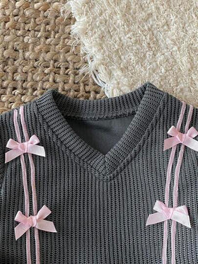 SHEIN طقم ملابس علوية محبوكة بياقة على شكل V وتنورة مطوية أنيقة للأطفال الرضع والصغار من عمر 0-3 سنوات، للخريف والشتاء