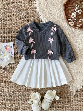 SHEIN طقم ملابس علوية محبوكة بياقة على شكل V وتنورة مطوية أنيقة للأطفال الرضع والصغار من عمر 0-3 سنوات، للخريف والشتاء