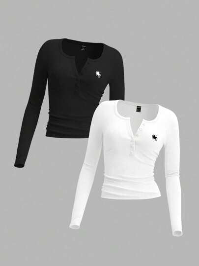 EZwear 2 قطعة/مجموعة تي شيرت كاجوال بأكمام طويلة مع طبعة زهور وأزرار للنساء، طبقة أساسية