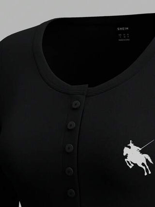 EZwear 2 قطعة/مجموعة تي شيرت كاجوال بأكمام طويلة مع طبعة زهور وأزرار للنساء، طبقة أساسية