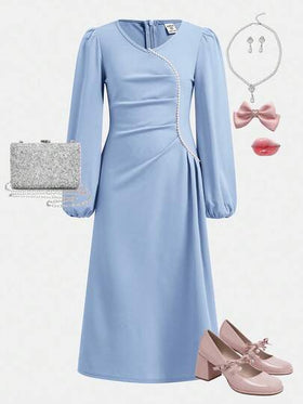 SHEIN Serisse Kids فستان أنيق متوسط الطول بأكمام طويلة وياقة على شكل حرف V مطوي، مزين باللؤلؤ والخرز، مناسب للفتيات المراهقات في فصلي الخريف والشتاء
