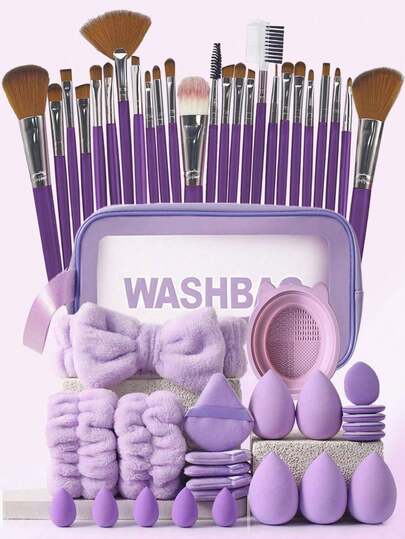 50 قطعة مجموعة فرش مكياج، أدوات تجميل متنوعة، تشمل: 25 قطعة فرش مكياج، 1 حقيبة مكياج، 5 قطع بيض تجميل، 5 قطع وسادات بودرة، 5 قطع بيض تجميل صغير، 5 قطع وسادات بودرة إصبع صغير، 1 شريط رأس، 2 شريط معصم، مجموعة فرش، طقم فرش مكياج، مجموعة فرش مكياج، طقم مكياج