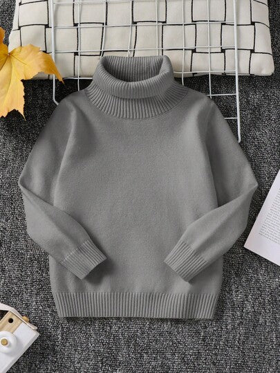 SHEIN 1 قطعة كنزة صوفية كاجوال كولومبية مريحة بلون أحادي فضفاضة بياقة عالية، مناسبة كطبقة أساسية أو ملابس خارجية للأولاد الصغار