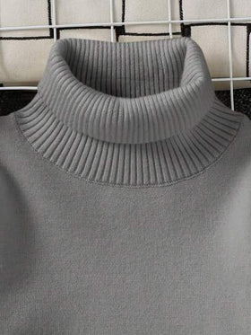 SHEIN 1 قطعة كنزة صوفية كاجوال كولومبية مريحة بلون أحادي فضفاضة بياقة عالية، مناسبة كطبقة أساسية أو ملابس خارجية للأولاد الصغار
