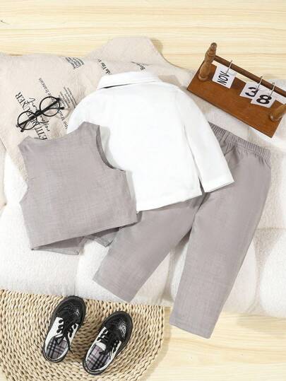 SHEIN زي رسمي للأطفال الصبيان، طقم سترة ذات لون واحد + بنطلون، بدون قميص أو إكسسوارات، مناسب للأعمار من 6 أشهر إلى 3 سنوات، للارتداء في المناسبات الرسمية كالزفاف والحفلات والأعياد والتخرج