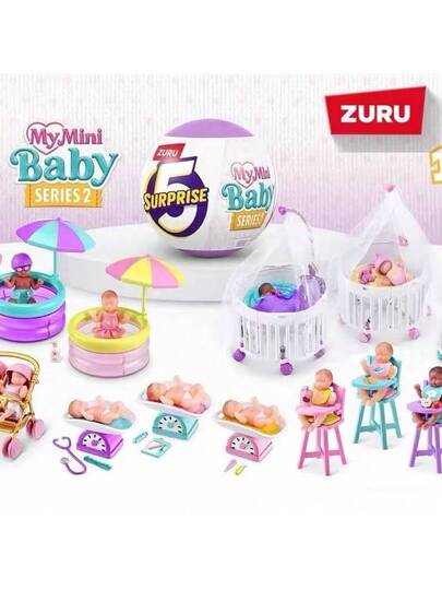 (عبوة فردية) ZURU 5 مفاجأة العلامات التجارية الصغيرة - السلسلة 2 - افتح 5 دمى لطيفة + حمام سباحة وعربة أطفال - بيضة مفاجأة فردية