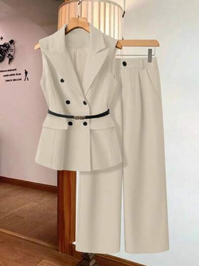 SHEIN Clasi طقم ملابس علوية أنيقة بدون أكمام مزدوجة الصدر مع حزام وبنطال واسع الساق مع جيوب قطعتين للنساء
