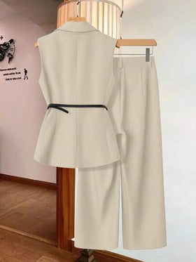 SHEIN Clasi طقم ملابس علوية أنيقة بدون أكمام مزدوجة الصدر مع حزام وبنطال واسع الساق مع جيوب قطعتين للنساء