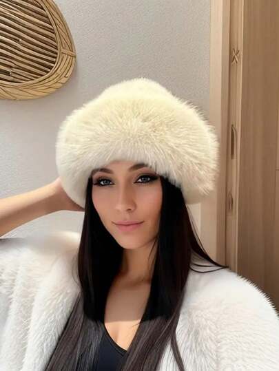 قبعة شتوية فرائية للنساء، بتصميم أوروبي وكوري دافئ، لون أحادي جذاب وعملي، تصميم أكثر سمكًا