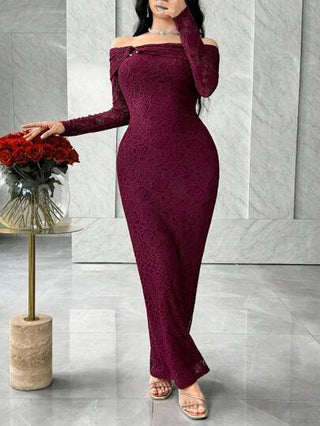 Modelyn فستان مناسب للنساء مزين بالدانتيل والإبزيم المعدني للكتف المكشوف