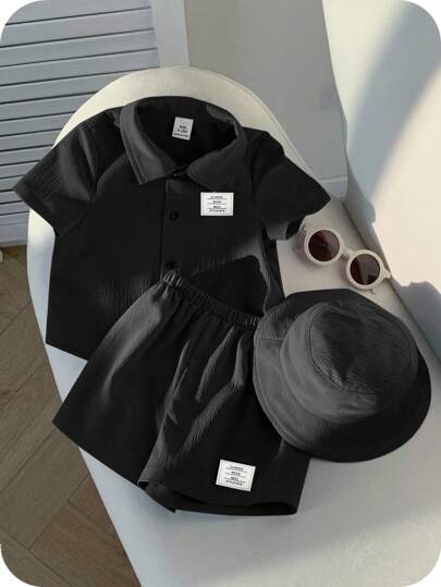 SHEIN 3 قطعة/طقم ملابس علوية كاردي قصيرة الأكمام مطرزة للأطفال الصغار، شورت ذو خصر مطاطي وقبعة