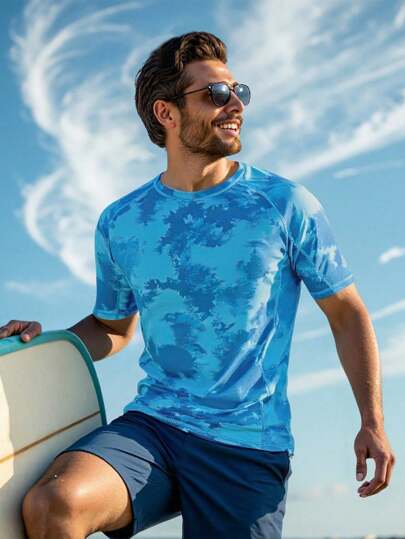 Manfinity KASUA قمصان T-Shirt رجالي بطباعة سير التزلج قصيرة الأكمام، بنمط بسيط مناسب لرجال الصيف وملابس السباحة والقمصان الهاواينية
