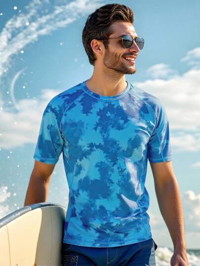 Manfinity KASUA قمصان T-Shirt رجالي بطباعة سير التزلج قصيرة الأكمام، بنمط بسيط مناسب لرجال الصيف وملابس السباحة والقمصان الهاواينية