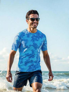Manfinity KASUA قمصان T-Shirt رجالي بطباعة سير التزلج قصيرة الأكمام، بنمط بسيط مناسب لرجال الصيف وملابس السباحة والقمصان الهاواينية