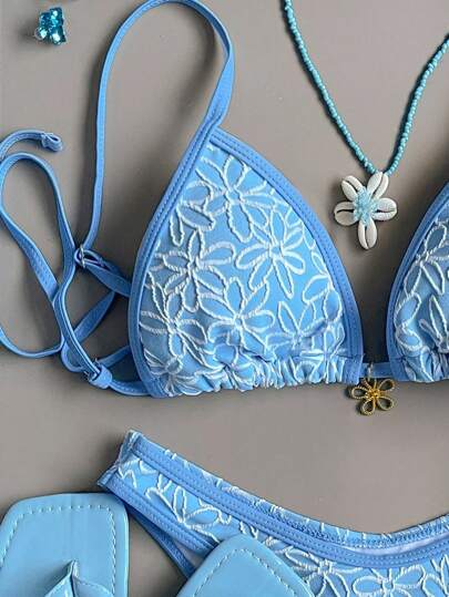 Swim Mod 2 حزمة ملابس صيفية شاطئية للنساء، ملابس علوية حمالات سباغيتي مزخرفة بنقشات زهور والجزء السفلي قصير قطعتي بكيني، بذلة السباحة