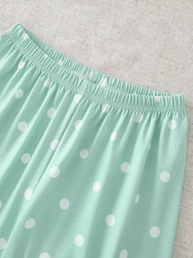 SHEIN مجموعة بنطلون وبلوزة قصيرة الأكمام بطبعة نقاط وأرنب لطيف للبنات، بيجامات مريحة وكاجوال قطعتان