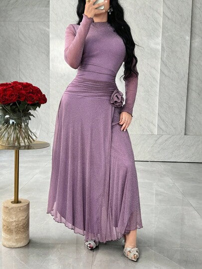 Feyla فستان حفلات أنيق وعملي بأكمام طويلة وشق أمامي مزخرف بزهور ثلاثية الأبعاد