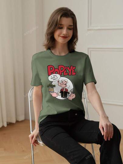 Popeye تي شيرت كاجوال بأكمام قصيرة للنساء بطبعة حرف ورسوم كرتونية لبوباي، رقبة دائرية، صيفي جديد بالوان مبهجة، متعدد الاستخدامات موسم الربيع/الصيف