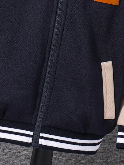 SHEIN معطف أطفال صبيان كاجوال مرقع بألوان متباينة سميك مزود بقبعة، مناسب للمدرسة والحديقة وعيد الميلاد والخريف والشتاء وعيد الهالوين، طراز عتيق