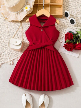SHEIN Elladie kids فستان بوسط مربوط وياقة منسدلة للبنات، فستان أنيق وأنيق للمناسبات