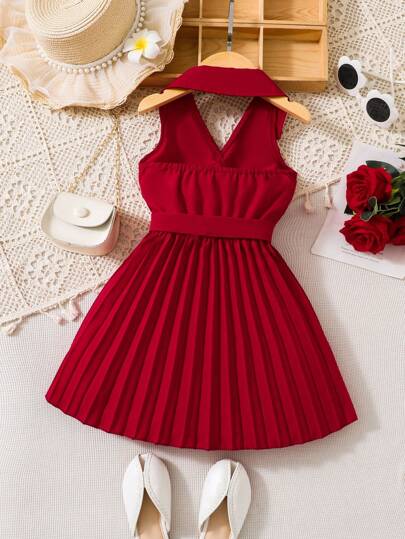 SHEIN Elladie kids فستان بوسط مربوط وياقة منسدلة للبنات، فستان أنيق وأنيق للمناسبات