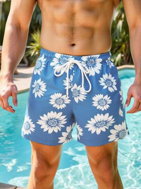 Manfinity Swimmode شورت كاجوال للشاطئ مطبوع بطبعة دوار الشمس مع خصر رباط